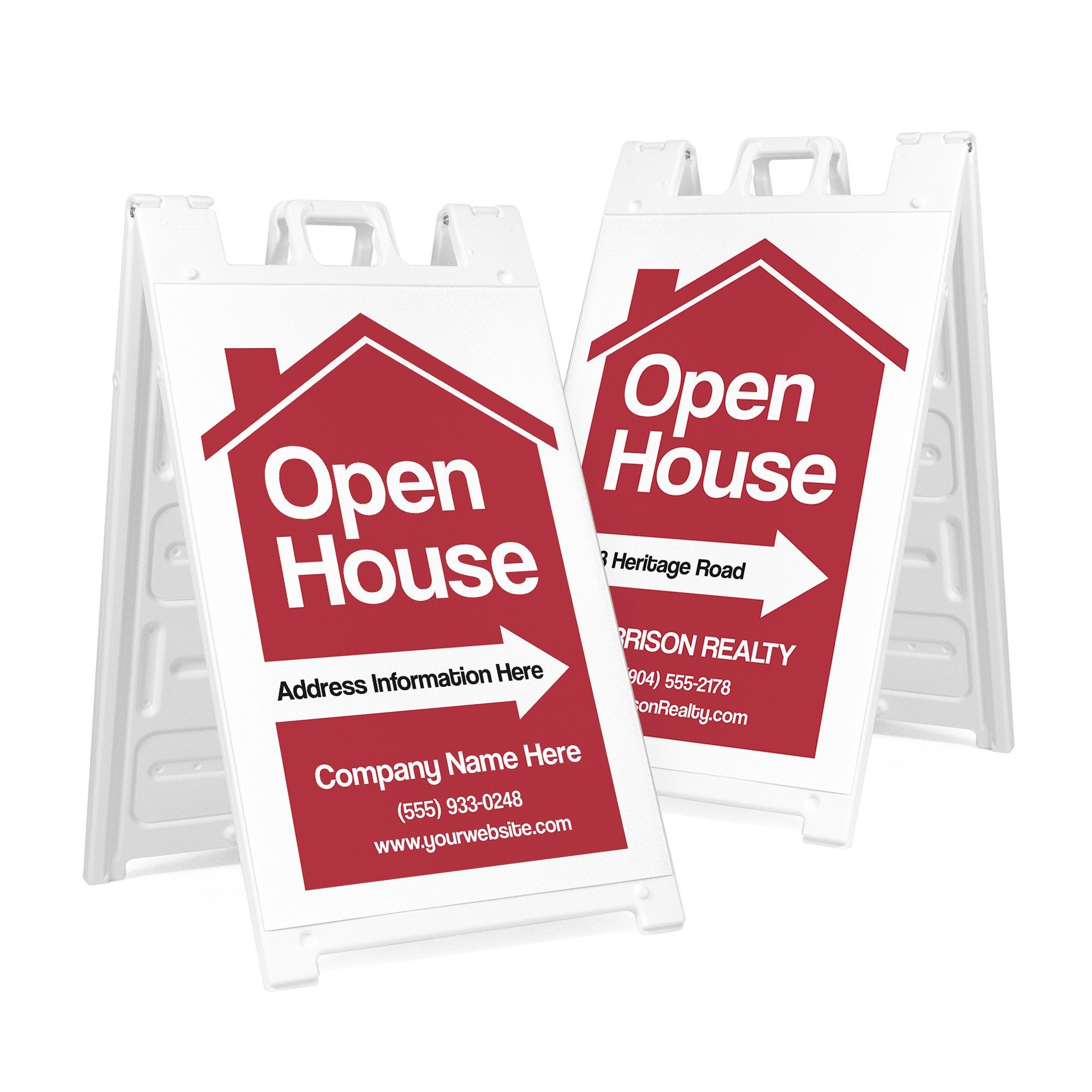 Two examples of the open house sandwich board with custom information