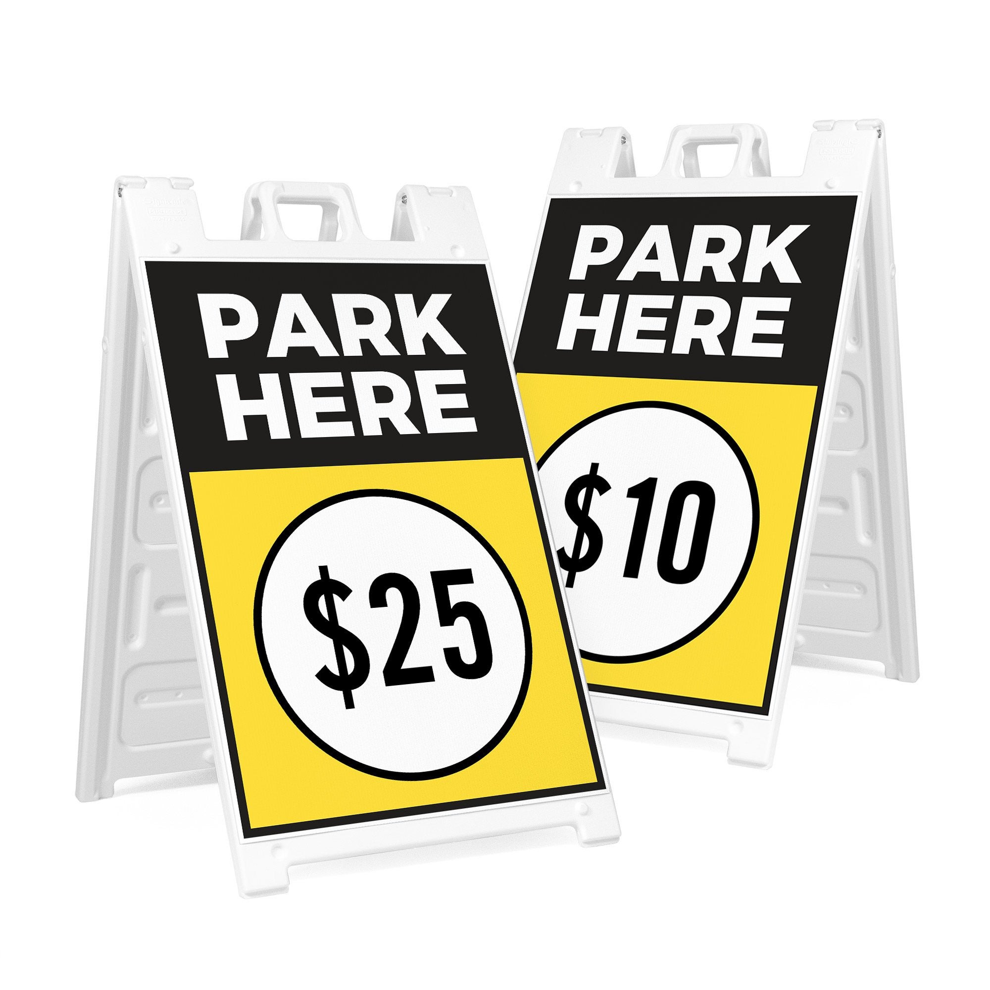 Two park here sandwich board signs for $10 and $25