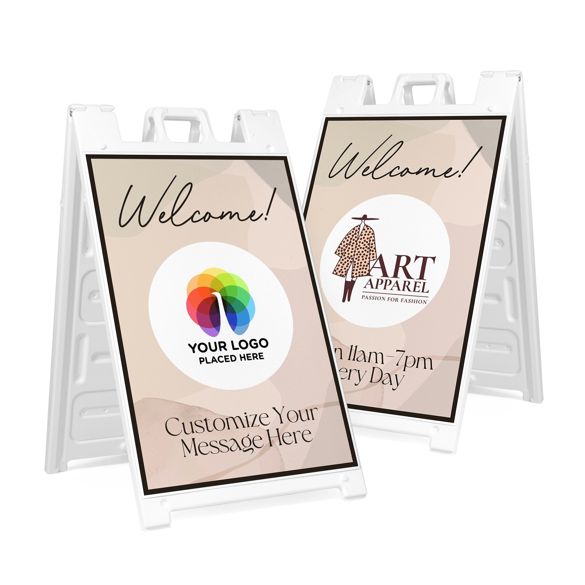 A welcome sandwich board sign with a custom logo and two lines of custom text