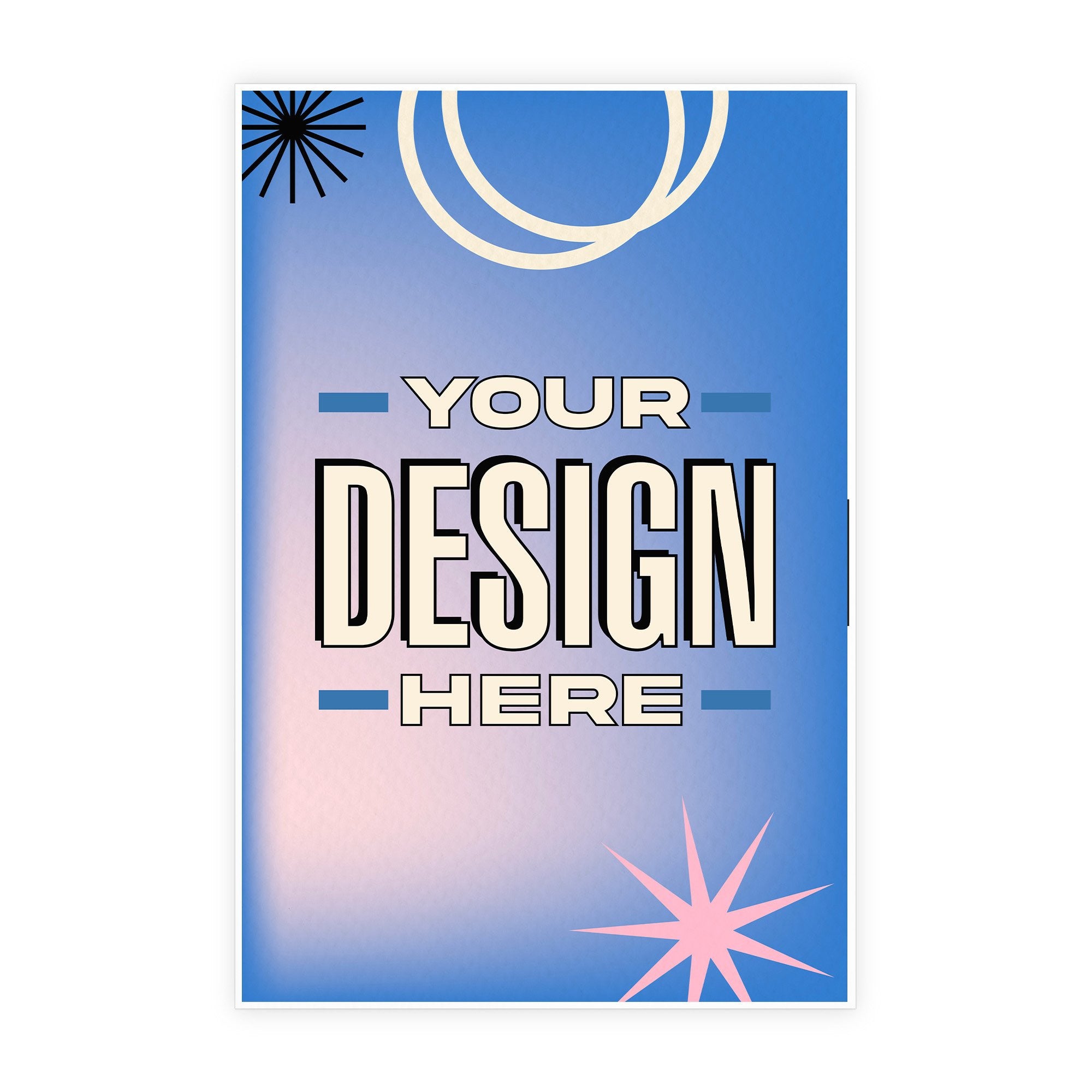 Design your own custom A-frame insert example with a blue and pink background and energetic shapes