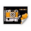 A sticker with a logo for a photo studio  with a fold to show the other side