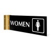 4” x12” “WOMEN” Corridor sign with black material color, white engraved text, logo and yellow gold holder on a white background.