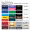 Infographic showing a material color options chart showing over 35 engraved plastic sign color combinations including Black/White, Walnut/White, Blue/Yellow, and more.