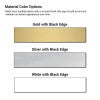 Infographic showing sign material color options: Gold, Silver, and White panels with black edges.