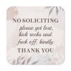Funny no soliciting sign on pastel floral background reading: Please get lost and kick rocks kindly. Thank you.