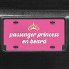 A close up of the Passenger Princess front license plate on a black car