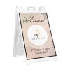 A welcome A-frame sign for a wedding venue that says private tours available
