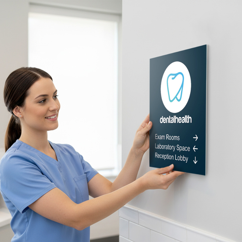 A woman hanging up a plastic sign in a dental office