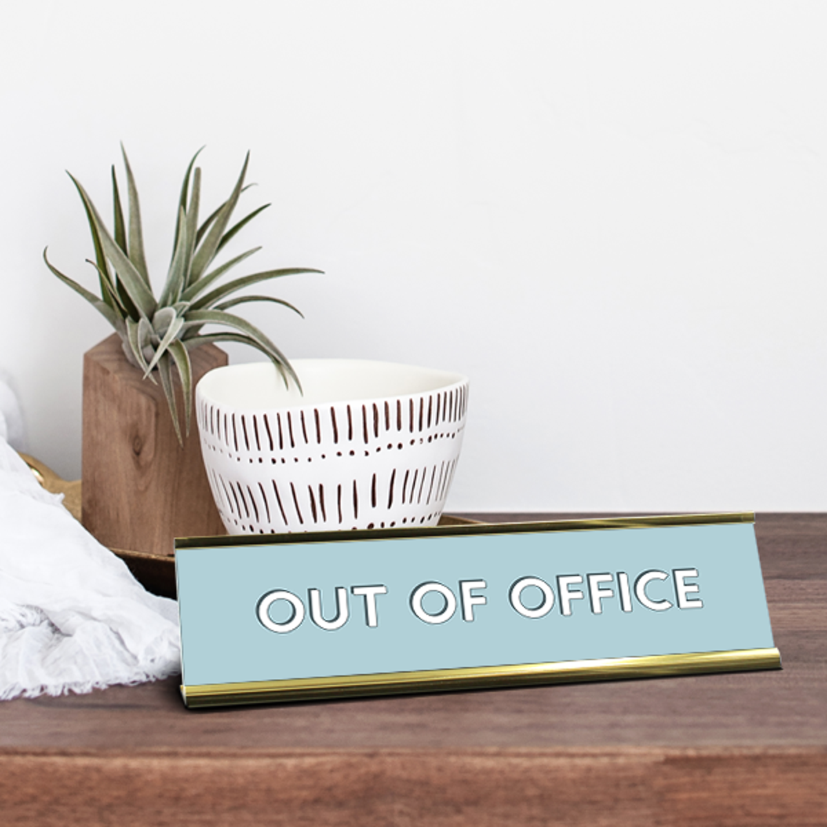 Out of Office Full Color Plastic Office Desk Plate with Aluminum Holder