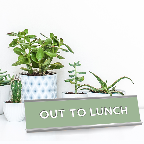 Out to Lunch Full Color Plastic Office Desk Plate with Aluminum Holder