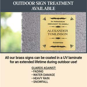 Infographic Showing An Engraved Brass Plaque Outdoors And Lists Benefits Of A UV Laminate