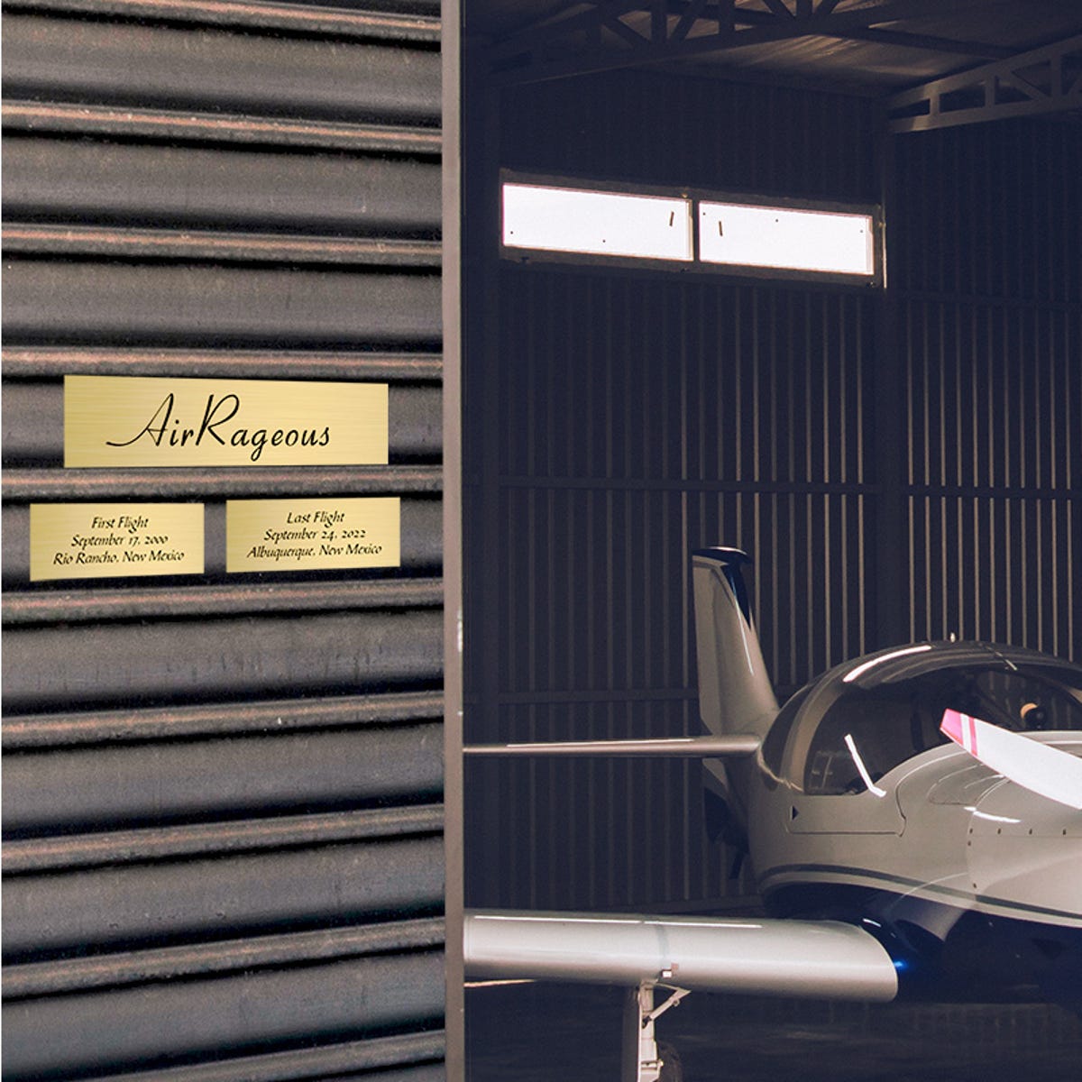 Custom Engraved Brass Signs for a Retired Plane Showing First and Last Flight Date