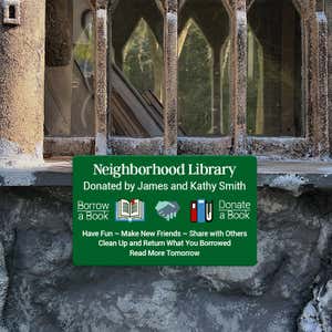 Green Plastic Sign for a Neighborhood Library with Multiple Colorful Logos