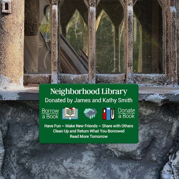 Green Plastic Sign for a Neighborhood Library with Multiple Colorful Logos