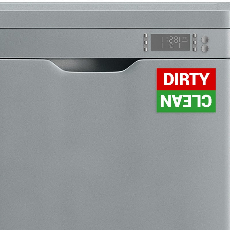 Plastic Sign Saying Dirty in Red and Clean in Green on a Dishwasher Plastic Sign Saying Dirty in Red and Clean in Green on a Dishwasher