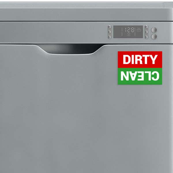 Plastic Sign Saying Dirty in Red and Clean in Green on a Dishwasher