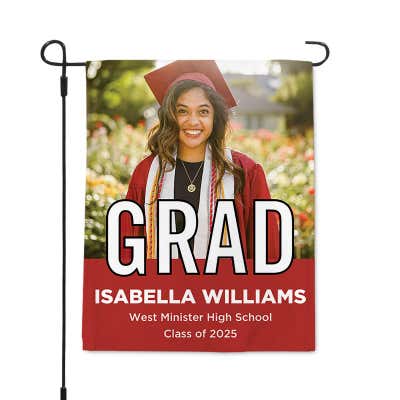 Graduation Block Lettering Garden Flag pole on left