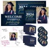 Graduation party pack with a yard sign, banner, welcome sign, stickers, and can coolers