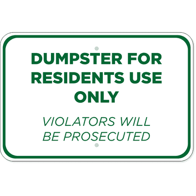 Horizontal Residents Only Dumpster Sign