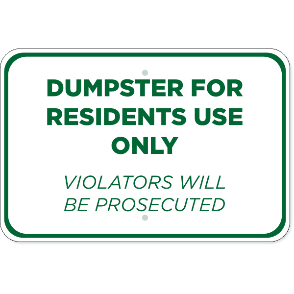 Horizontal Residents Only Dumpster Sign