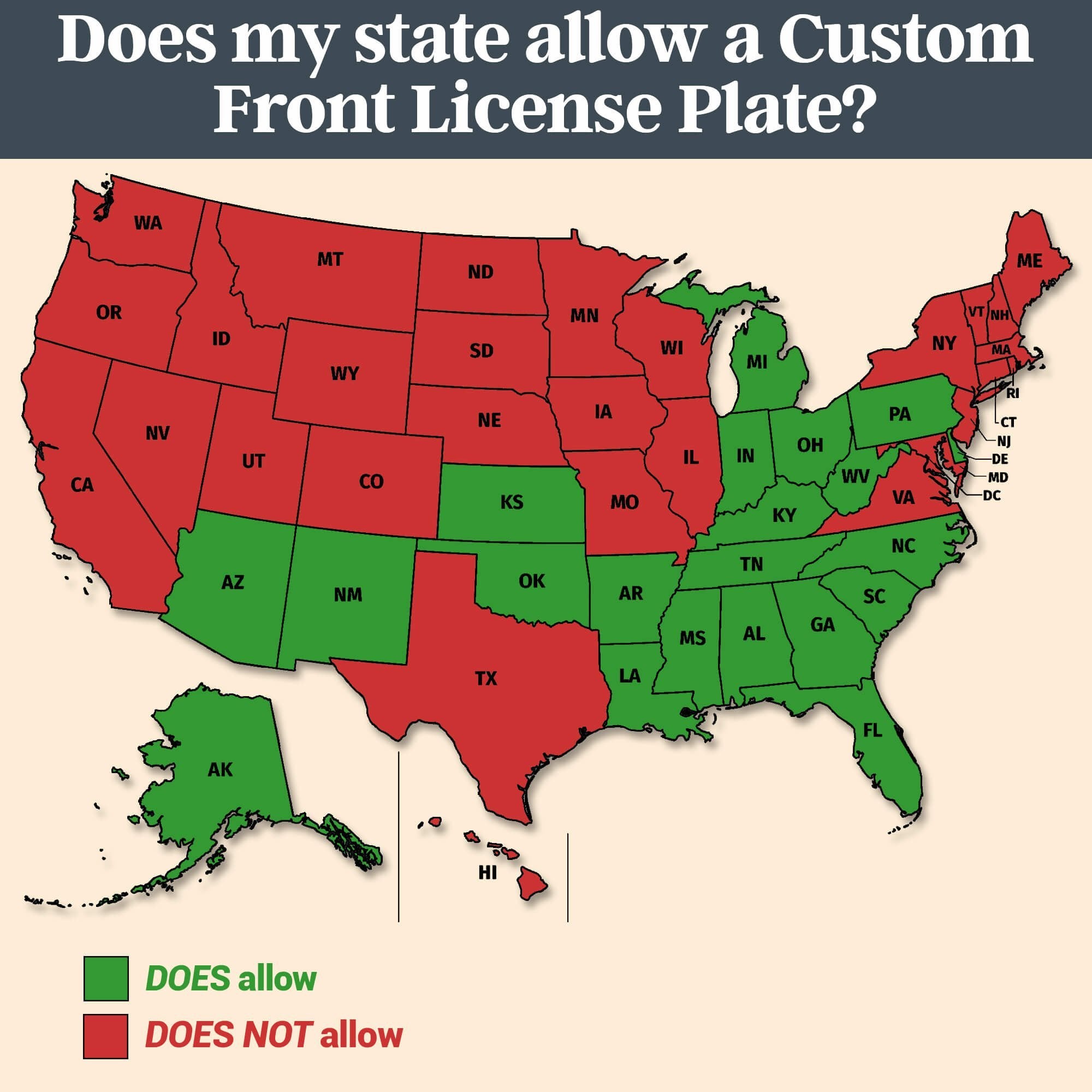 Which states allow a custom front license plate