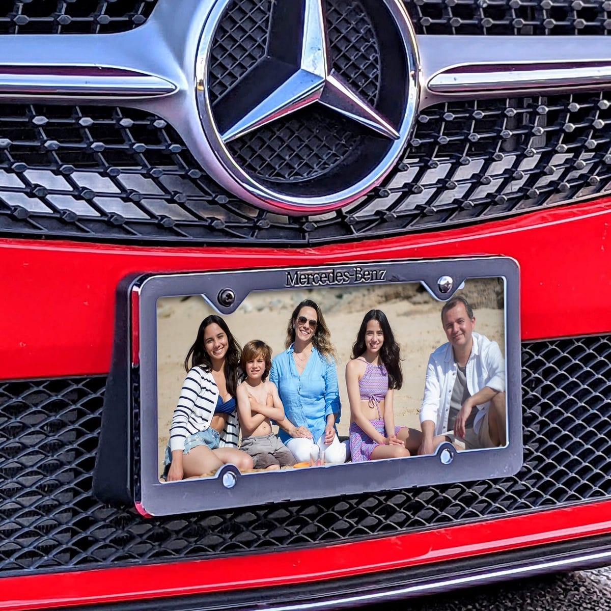 Upload Your Family Photo Custom Front License Plate on Red Car Angled Lifestyle Image