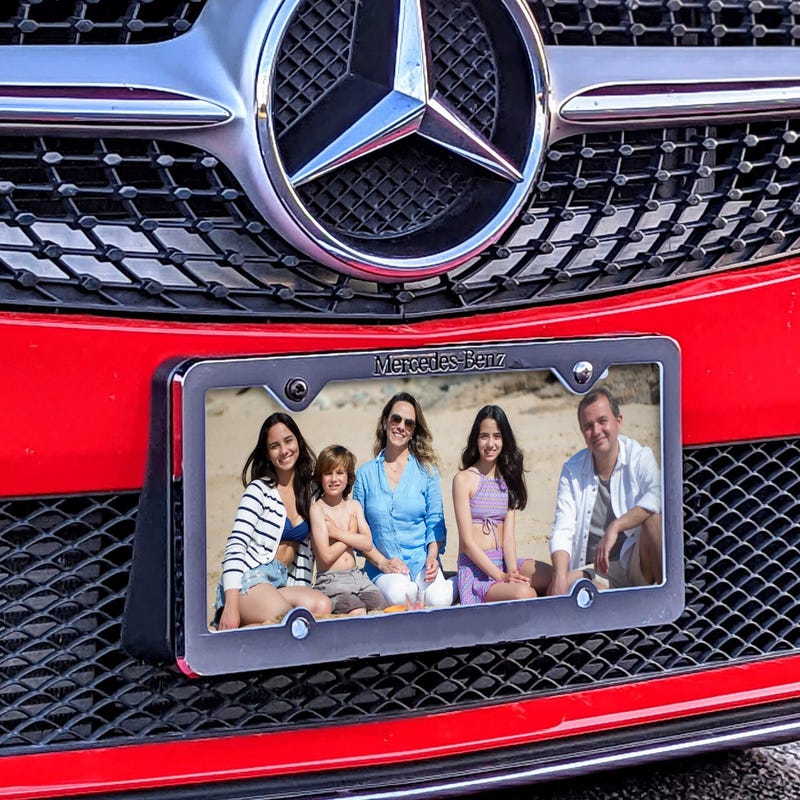 Upload Your Family Photo Custom Front License Plate on Red Car Angled Lifestyle Image