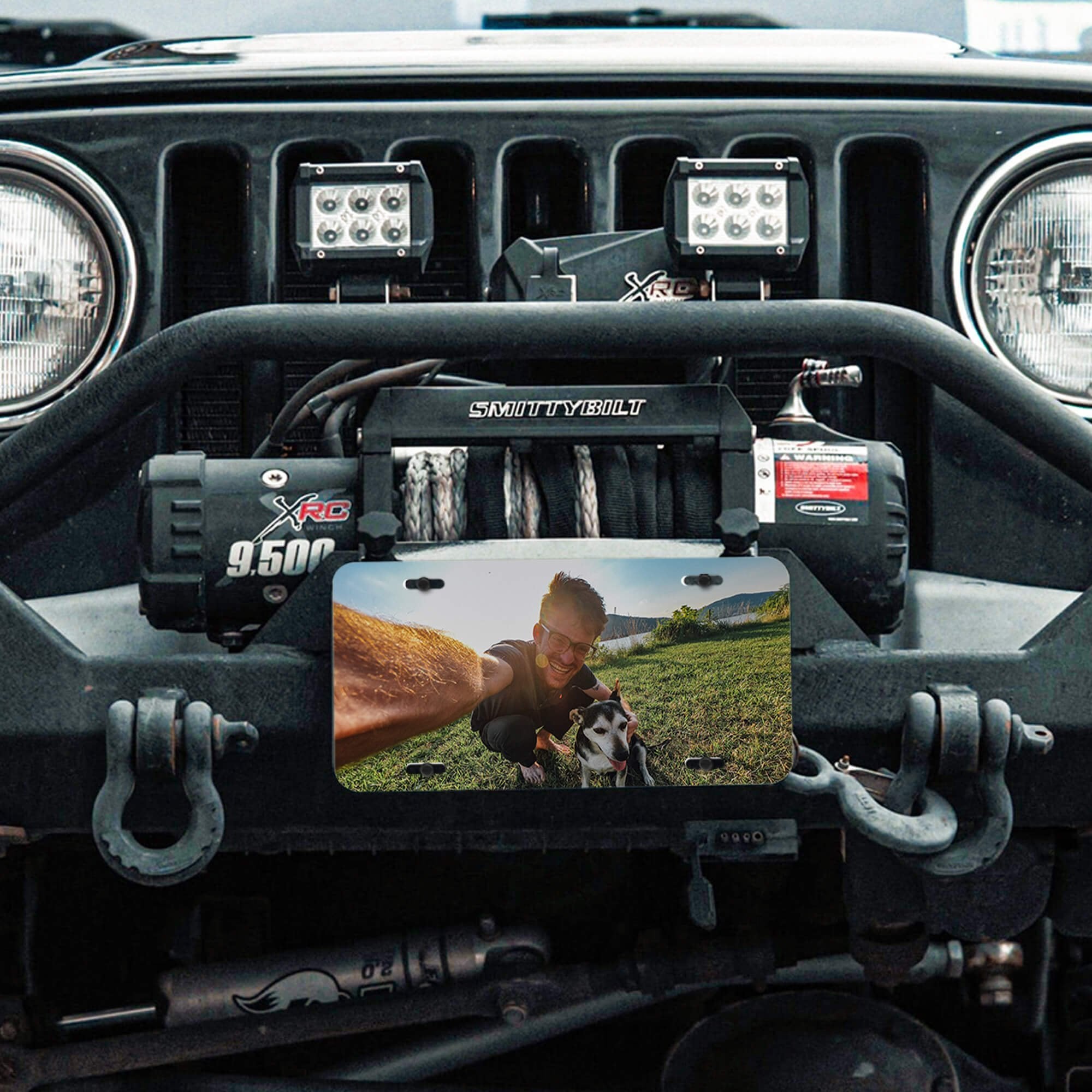 Upload Your Pet Photo Custom Front License Plate of a Dog Owner with Pet on a Truck