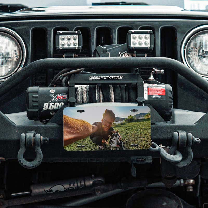 Upload Your Pet Photo Custom Front License Plate of a Dog Owner with Pet on a Truck