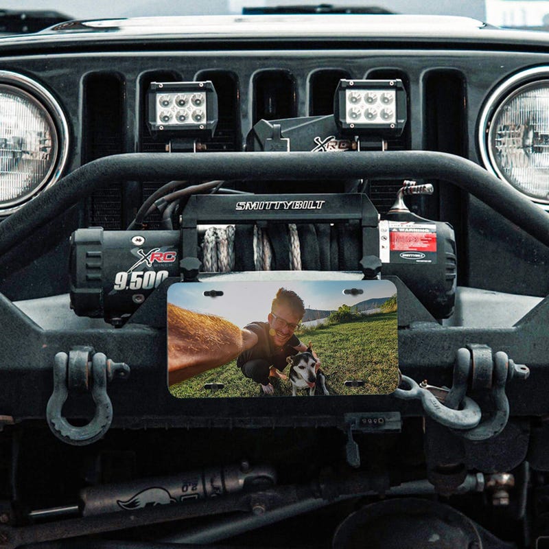 Upload Your Pet Photo Custom Front License Plate of a Dog Owner with Pet on a Truck