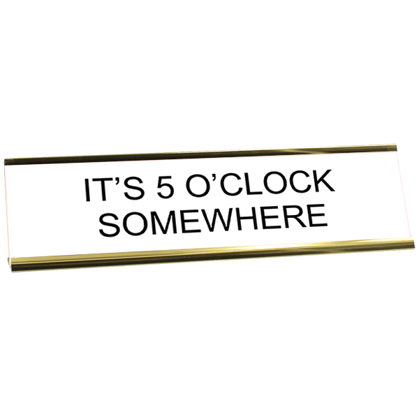 White desk plate with black custom text in a yellow gold holder