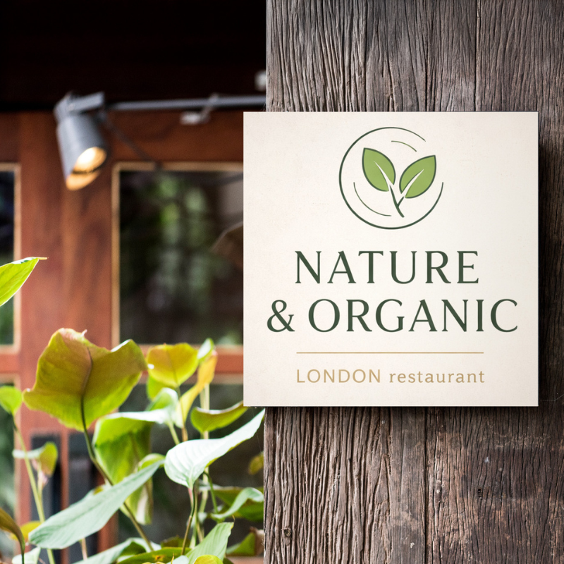 A plastic sign for a restaurant with their logo on it