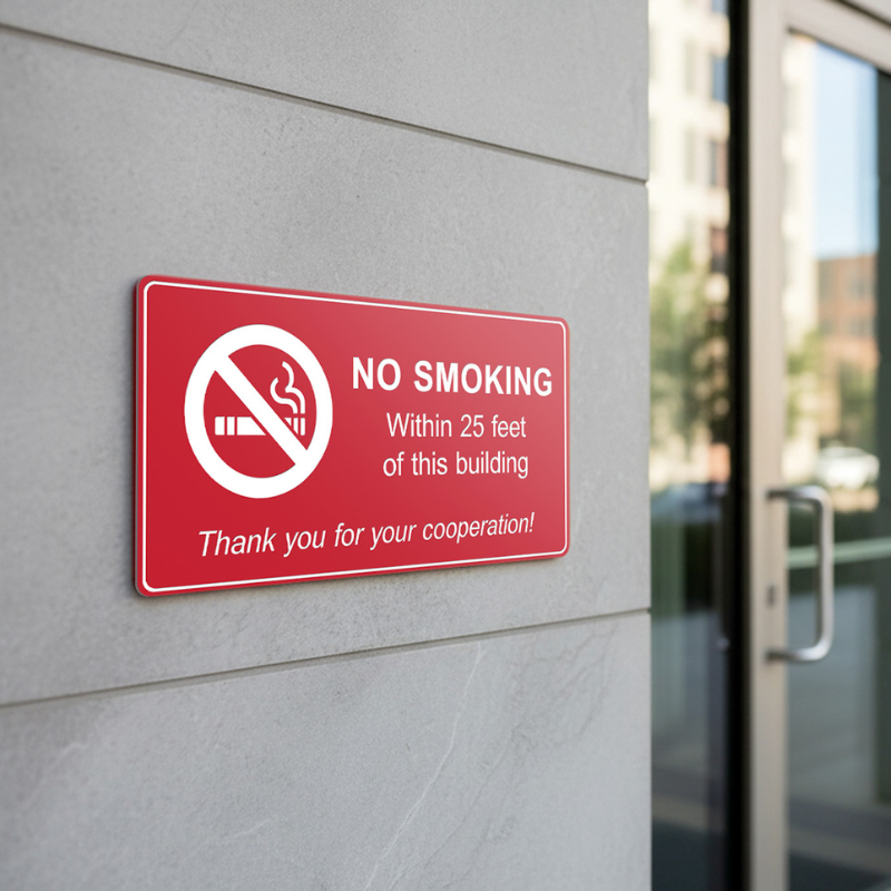 A red engraved plastic sign for a no smoking area