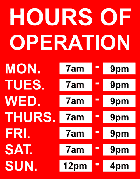 Hours of Operation Plastic Sign