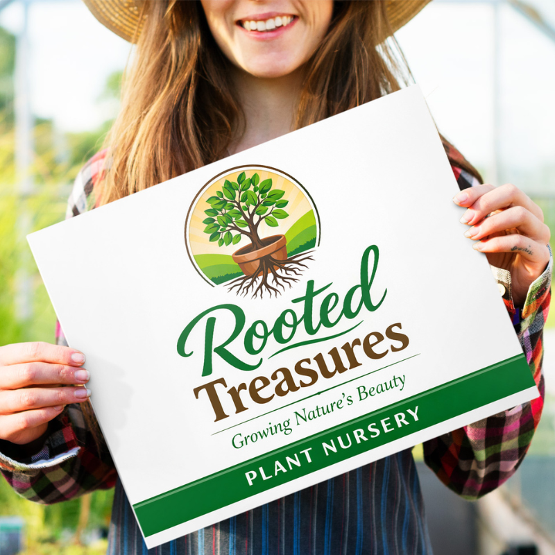 A plastic sign for a plant nursery with their logo