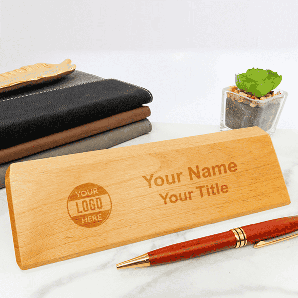 Wooden engraved desk plate on desk