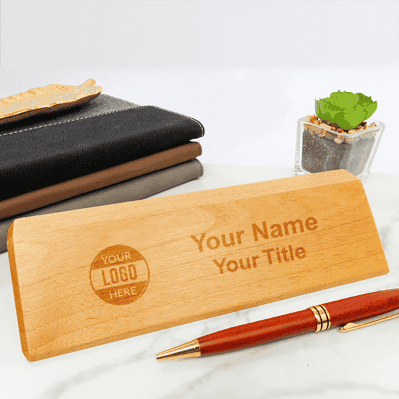 Wooden engraved desk plate on desk