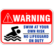 Warning Swim at Own Risk No Lifeguard 12" x 18" Aluminum Sign 