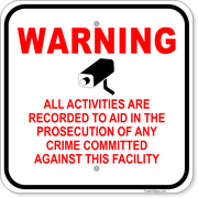 Warning Video Recorded 12" x 12" Aluminum Sign