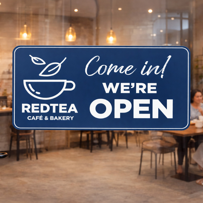 An engraved plastic sign with a coffee shop logo 