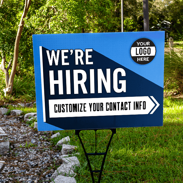Custom Blue We're Hiring Yard Sign - Lifestyle