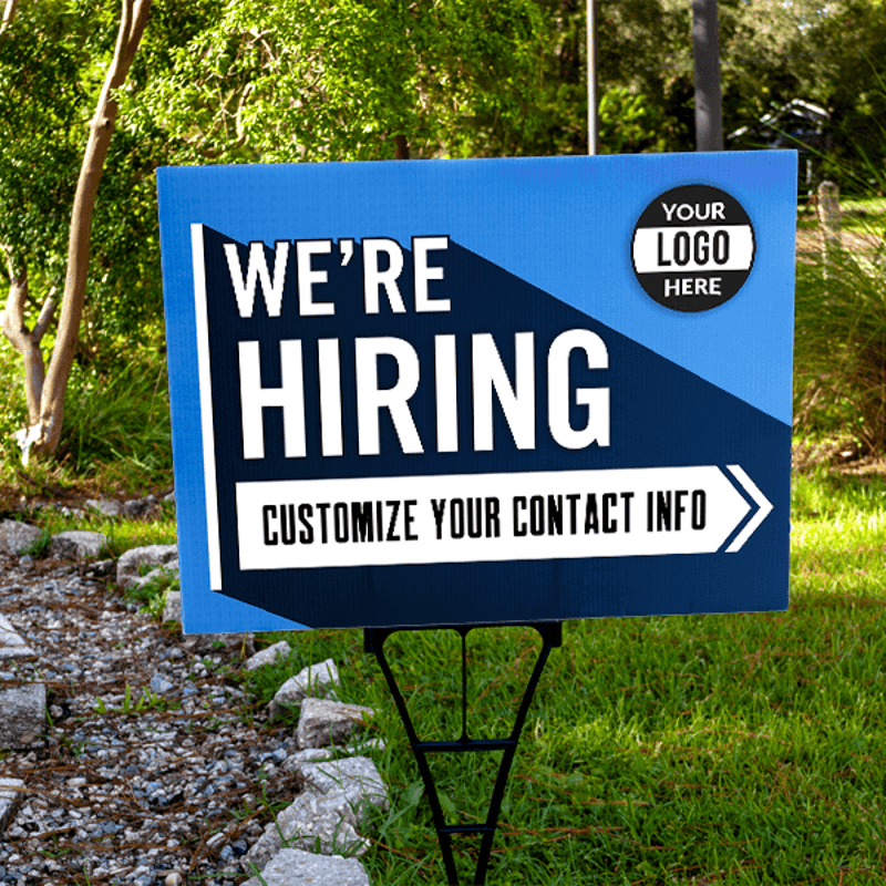Custom Blue We're Hiring Yard Sign - Lifestyle