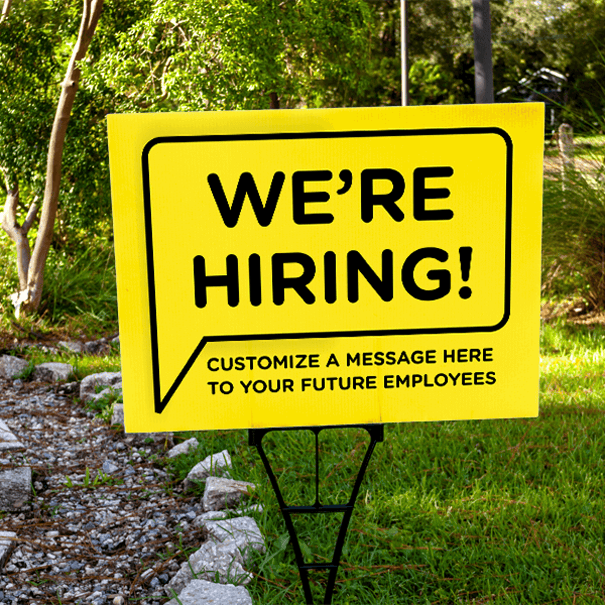Custom We're Hiring Bubble Yard Sign - Yellow Lifestyle