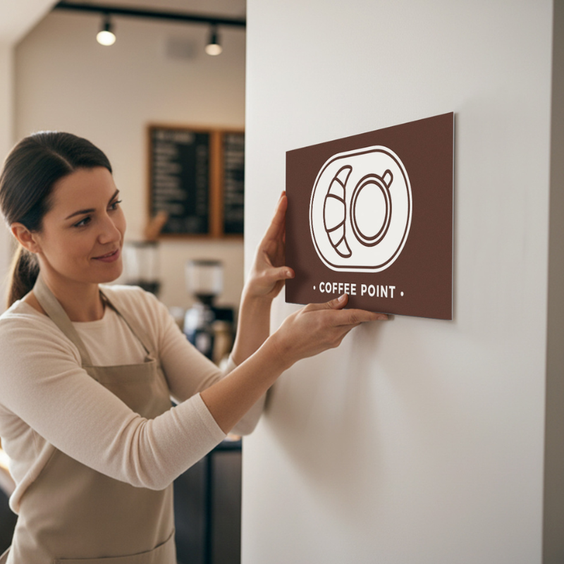A woman putting up an engraved plastic sign with a coffee shop logo