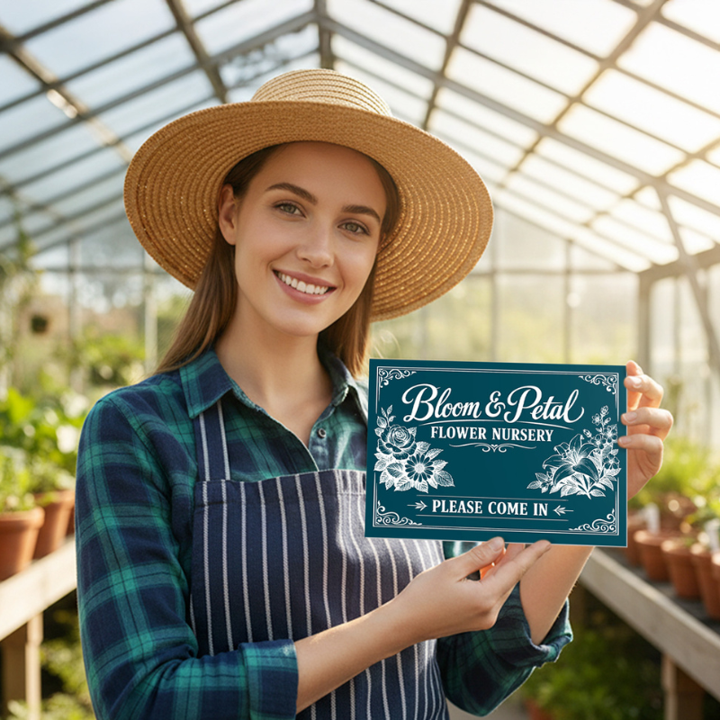 A woman holding a plastic sign for a flower nursery