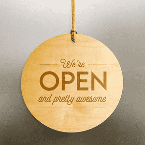 We're Open and Pretty Awesome Wood Engraved Open Sign