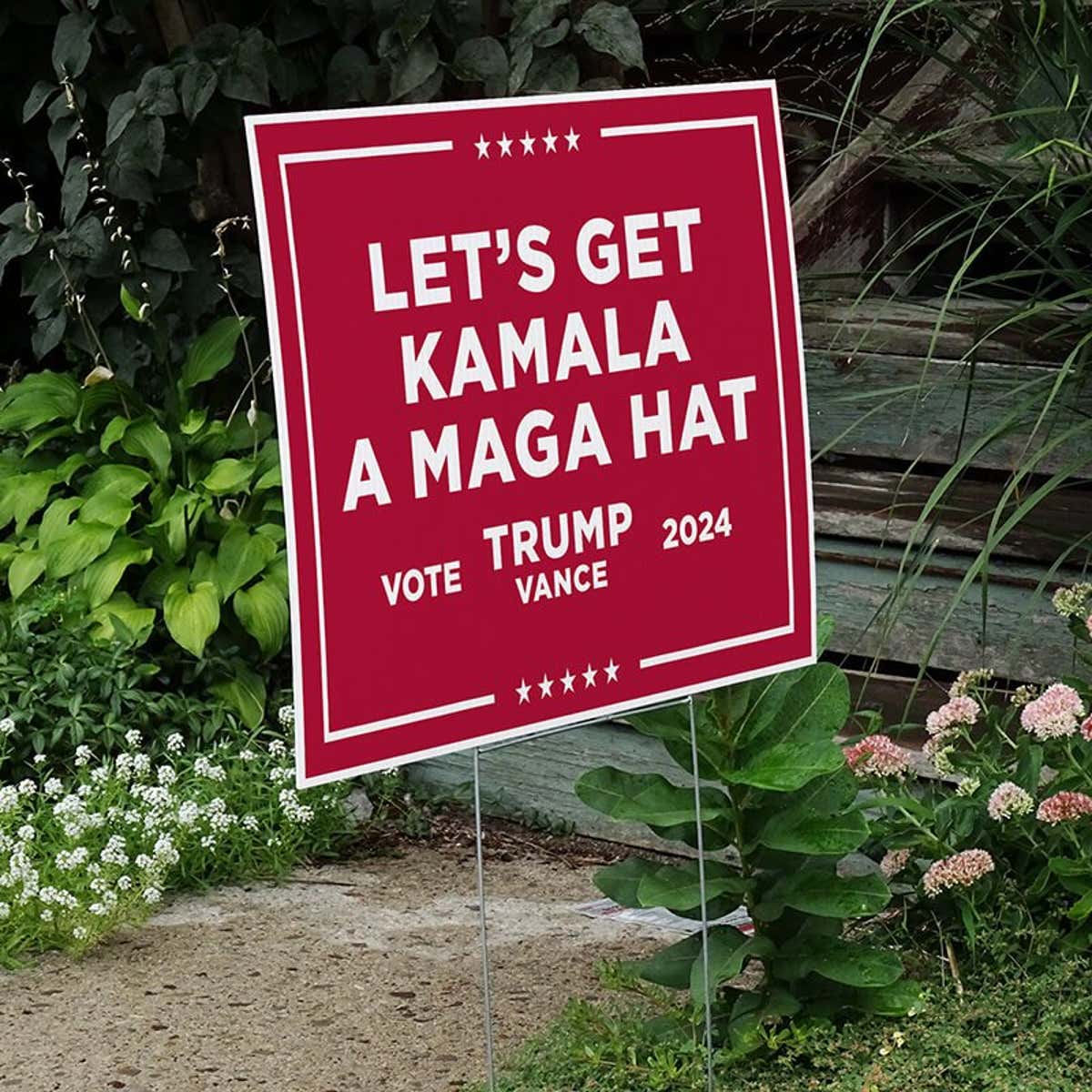 Get Kamala a MAGA Hat | Trump Vance Yard Sign next to stairs