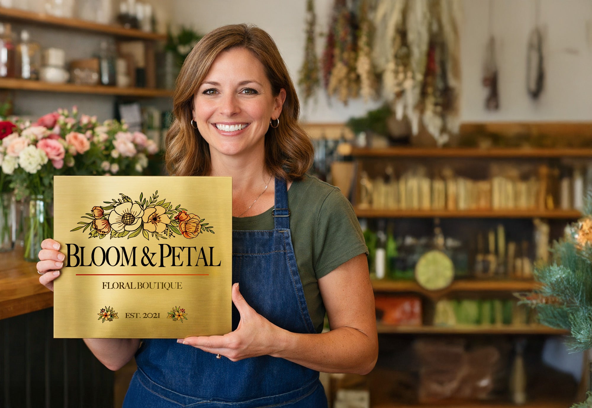 A woman holding a printed brass sign with her flower shop's name and logo on it