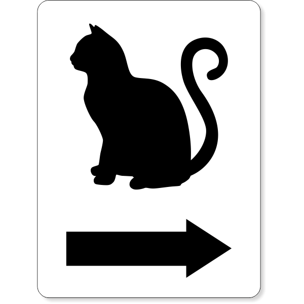 Cat with an arrow pointing right restroom sign