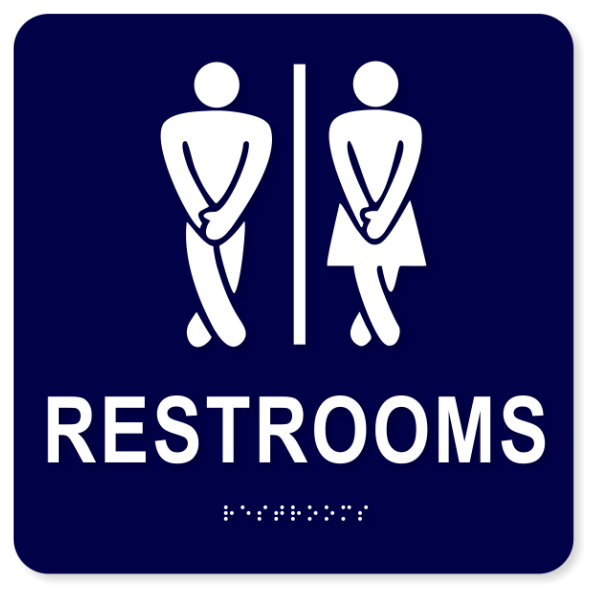 ADA restroom sign with stick figures crossing their legs